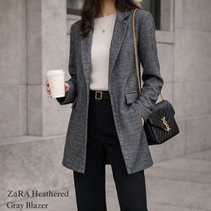 Zara Gray Herringbone Blazer Edgy Chic Oversized Look Model Off Duty Sz M